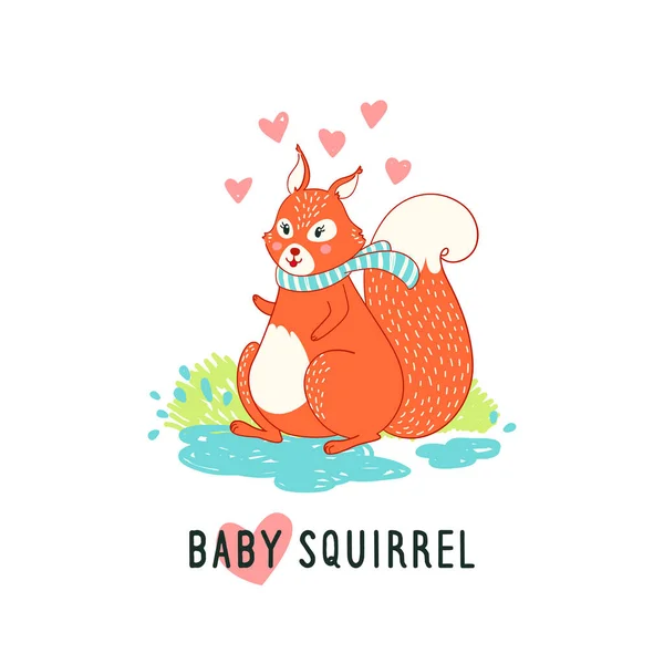 Squirrel child on a spring lawn plays in a puddle, funny illustration with text Baby Squirrel. — Stock Vector