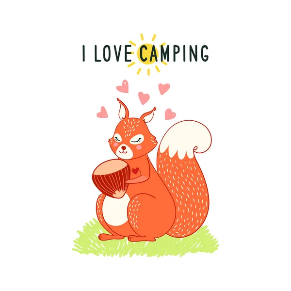 여름 잔디에 땅콩을 안고 있는 다람쥐내가 좋아 하는 캠핑 문자와 재미있는 삽화. — 스톡 벡터
