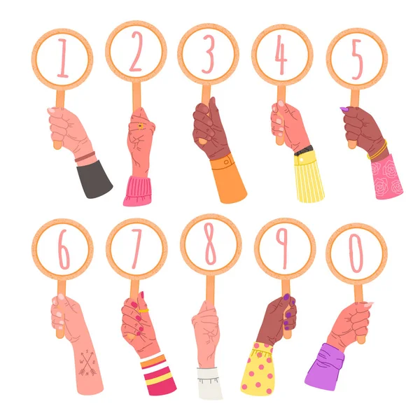 Векторна колекція рук, що тримають знаки, банери з цифрами. Картки з номерами від 0 до 9 в руках . — стоковий вектор
