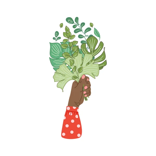 Ruce držící kytici z větví tropických rostlin, listy. — Stockový vektor