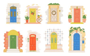 Farklı ülkelerden, seyahatlerden gelen kapıların tasviri. Avrupa 'nın eski kapı koleksiyonu. Doodle vektör biçimi.