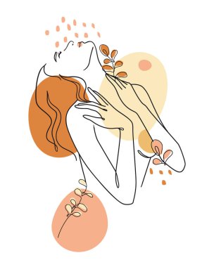 Moda olan soyut bir kadın portresi çiçekler ve yapraklar, geometrik şekiller. Kadın yaz baskısı, tropik soyut doku..