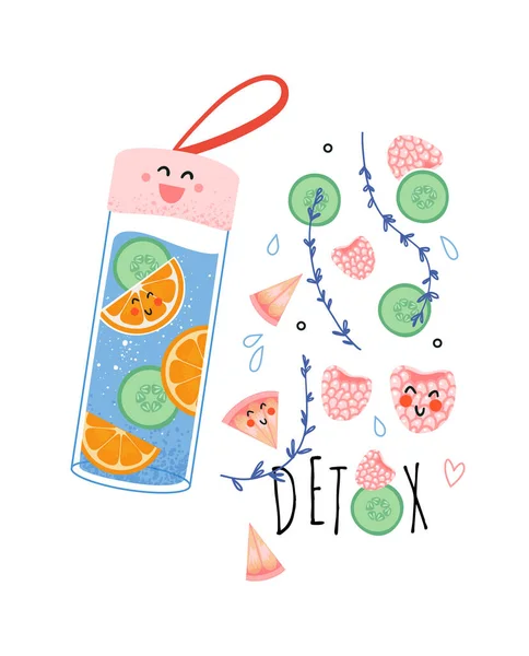 Konsep minuman detox, air minum dalam termos, botol kaca. - Stok Vektor