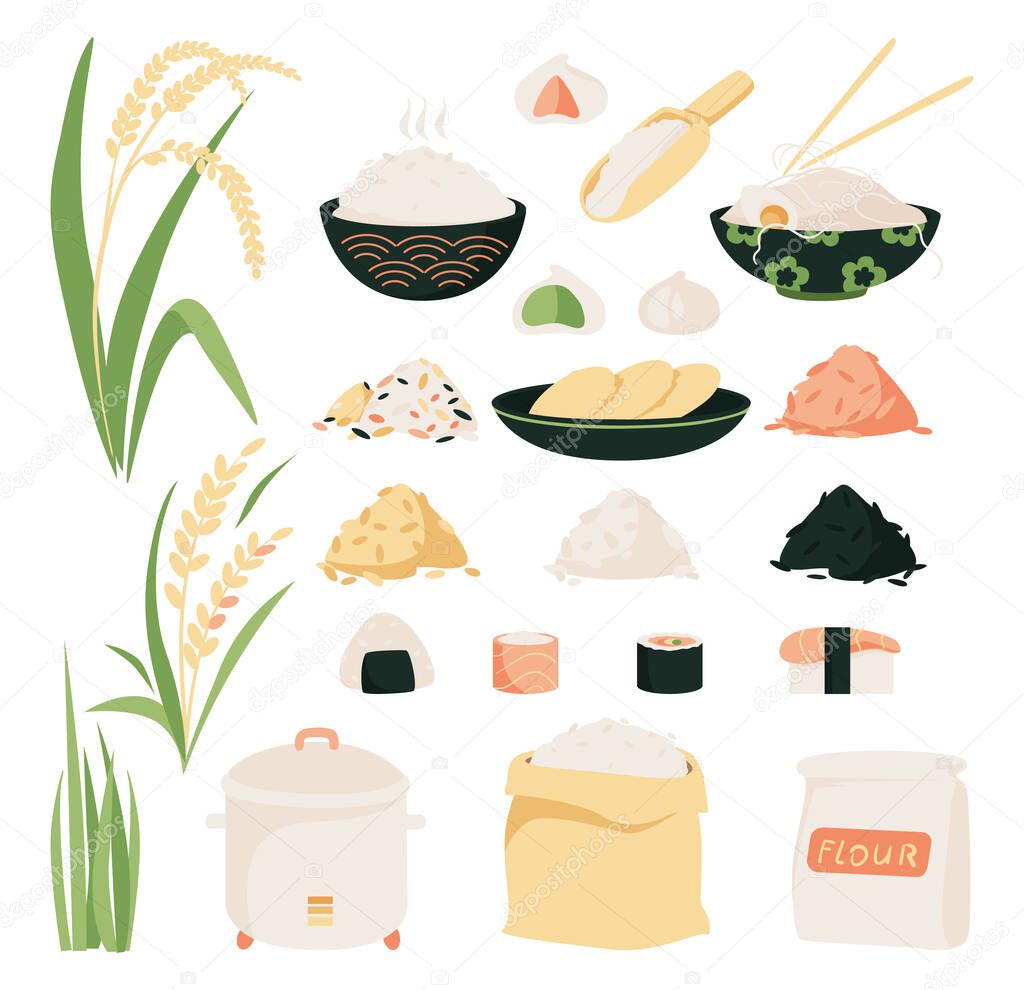 Rice vector icon set. Collection of icons of rice variety, plants from plantation and isolated products.