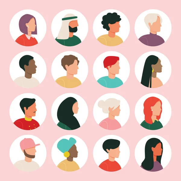 Een bundel avatars van verschillende mensen. Reeks mannelijke en vrouwelijke portretten gezichten. — Stockvector