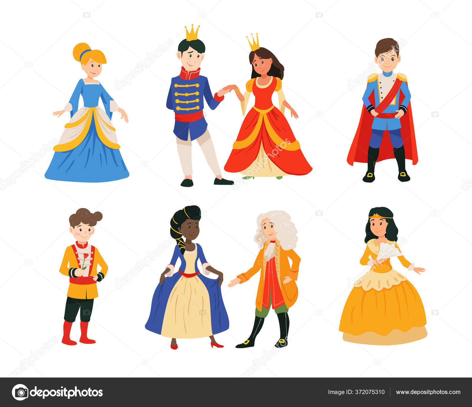 Set of cute little boys in prince costume with crown, girls in