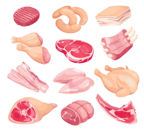 Conjunto de ícones vetoriais de carne. Produtos de carne fresca coleção de ícones isolados . —  Vetores de Stock