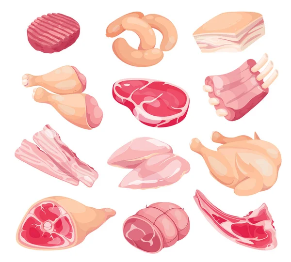 Juego de iconos de vector de carne. Colección de iconos aislados de productos cárnicos frescos . — Vector de stock