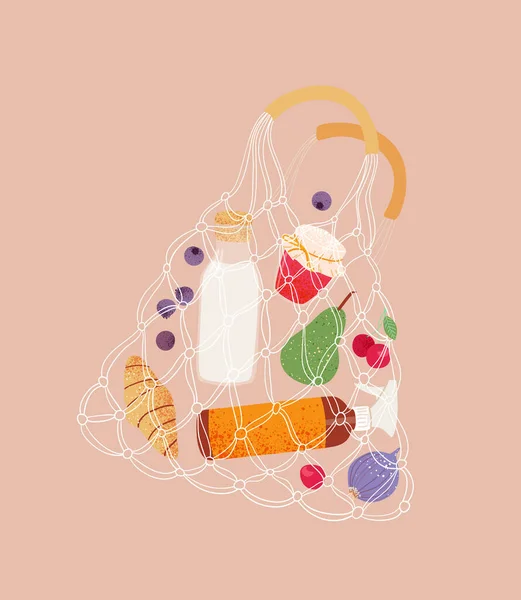 Eco Friendly Concept Cotton Nets boodschappentas met eten. String shopper tas met producten uit de winkel, markt. — Stockvector