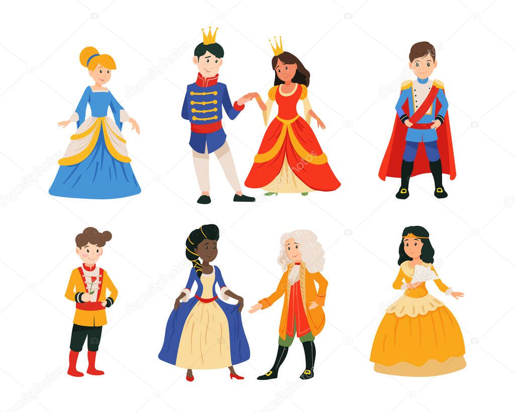 Set of cute little boys in prince costume with crown, girls in princesses dress isolated on white background.
