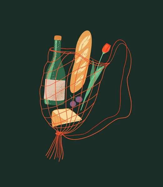 Natuurlijke katoenen boodschappentas met voedselvector illustratie. String shopper tas met producten uit de winkel, markt. — Stockvector