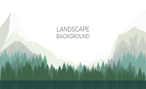 Paesaggio panoramico con montagne sotto nebbia, foresta e lago. Illustrazione vettoriale — Vettoriale Stock