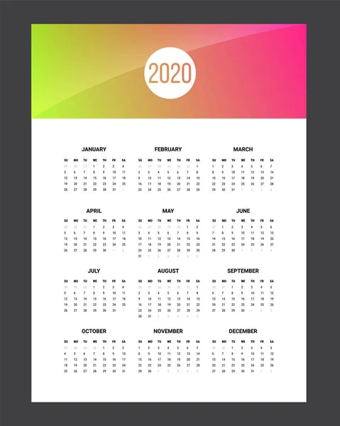 Calendario 2020 - ilustración. Plantilla Mock up. Fondo de gradiente — Vector de stock