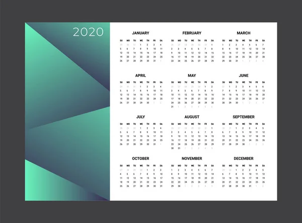 2020 Calendar - illustration. Template Mock up. Gradient background — Stock Vector