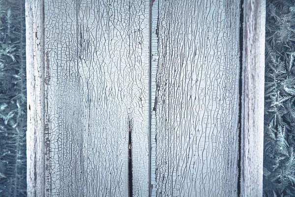 Holz gebleicht Hintergrund mit Frostmuster Rahmen als Weihnachten Hintergrund und Kopierraum — Stockfoto
