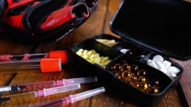 Ahşap arka planda steroid kompozisyonu olan mma eldivenleri
