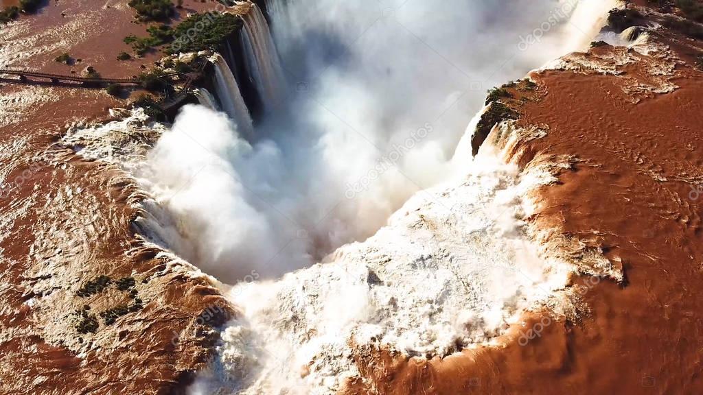 Aerial view of the Iguazu Falls. View over the Garganta del Diablo the Devil's Throat. 