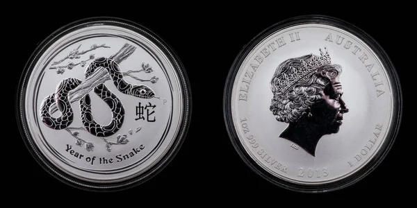 Přední Zadní Části Australské Stříbrné Mince Dolar Měsíční Rok Hada — Stock fotografie