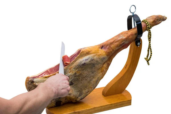 Garfo com apetitoso jamon espanhol contra a paisagem espanhola