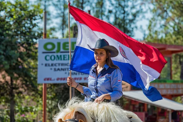 Beautiful Woman Proudly Rides Her Horse Paraguayan Flag Annual Paraguayan — Stock Photo, Image