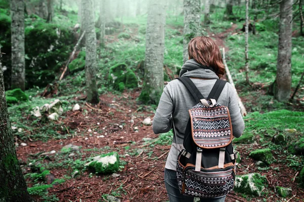 Mulher viajante com mochila na floresta verde, paisagem da natureza — Fotografia de Stock