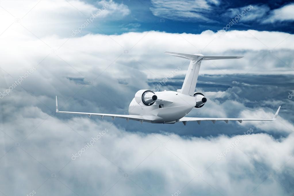 White airplane flying higher clouds at daytime