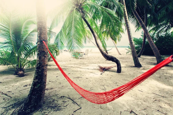 Empty net hammock at tropical beach resort island — Stock Photo, Image