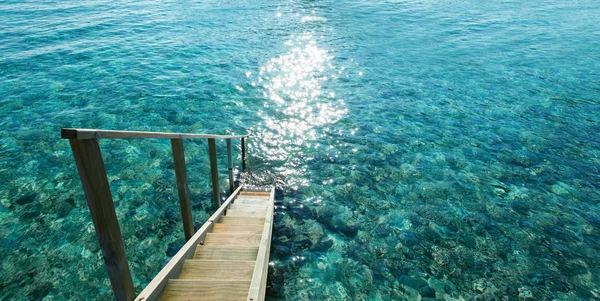 Wooden stairs with railing at tropical island resort