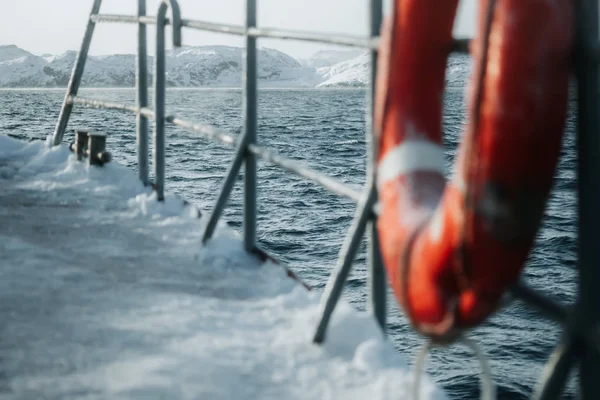 Fishing ship is swimming at sea at winter — Stock Photo, Image