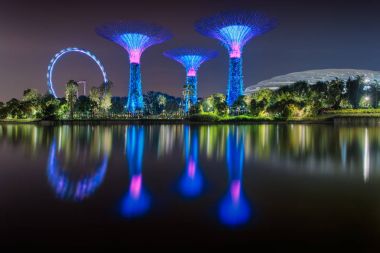 Bay Supertree tarafından bahçeleri ve ferris wheel Singapore Flyer suda yansıtılır. Geceleri ışıklı. Singapur şehir manzarası