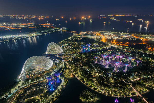 Вид с воздуха на Облачный лес и Цветочный купол, освещенный ночью. Gardens by the Bay, Сингапур
