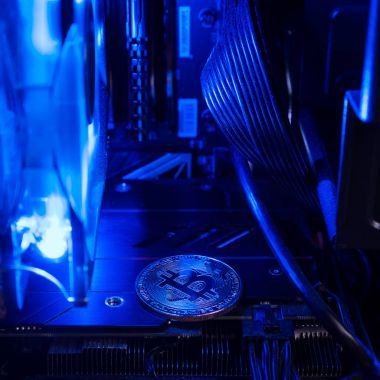 Bitcoin madencilik. Pc bilgisayar içinde fiziksel para tarım. Cryptocurrency kavramı üzerinde grafik ekran kartı