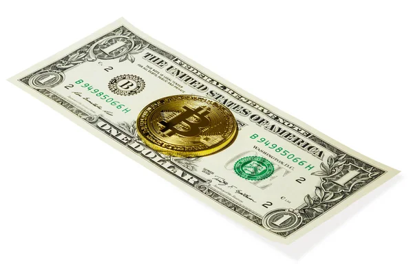 Bitcoin монета и банкнота в один доллар изолированы на белом фоне. Криптовалютная концепция — стоковое фото