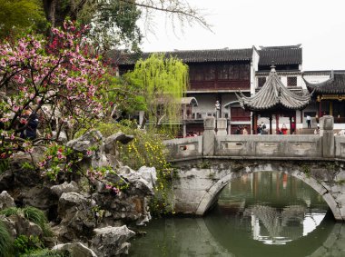 Suzhou, Çin - 23 Mart 2016: Lion Grove Garden 'da İlkbahar, klasik bir Çin bahçesi ve Suzhou' daki Unesco Dünya Mirası 'nın bir parçası