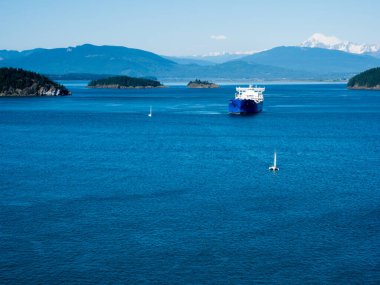 Anacortes, WA 'daki Cap Sante parkının arka planında Baker Dağı' nın olduğu Fidalgo ve Padilla Körfezi manzarası