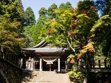 Aso, Japonya - 5 Kasım 2016: Aso-Kuju Ulusal Parkı 'nın bir parçası olan Aso volkanik kalderasındaki tarihi Kokuzo Tapınağı' nın ana salonu
