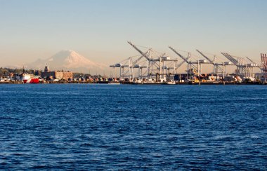 Seattle, WA, ABD - 1 Nisan 2016: Günbatımında Seattle limanında kargo vinçleri ve arka planda Rainier Dağı