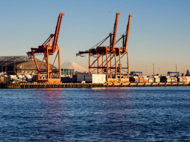 Seattle, WA, ABD - 1 Nisan 2016: Günbatımında Seattle limanında kargo vinçleri ve arka planda Rainier Dağı