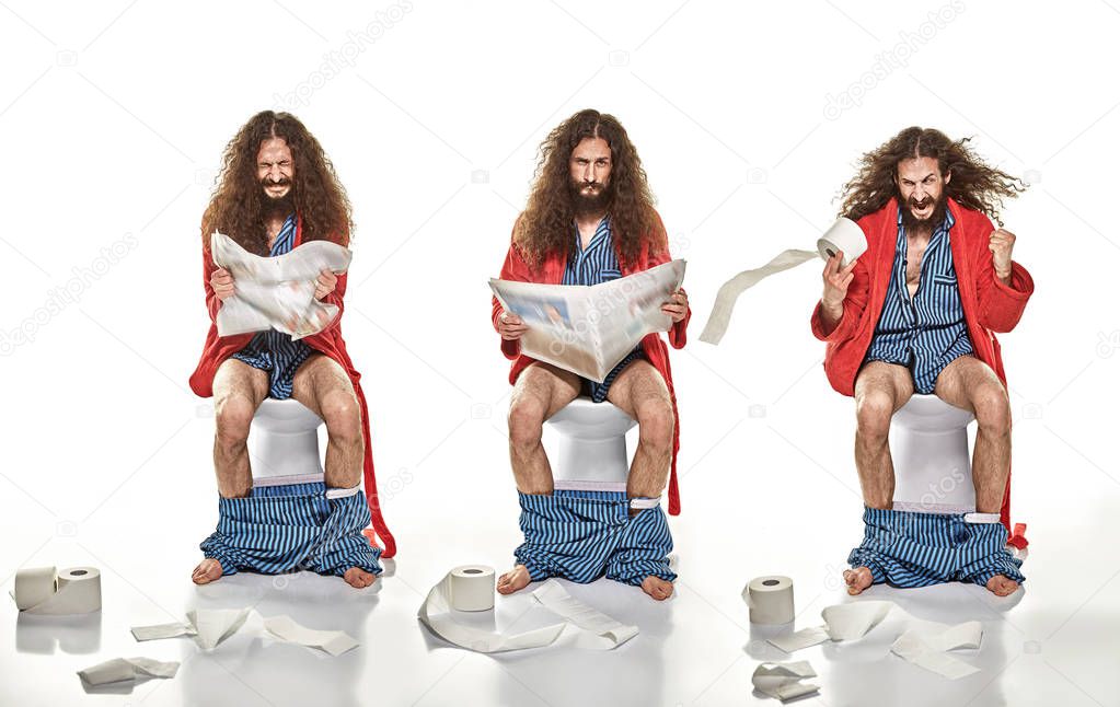 Multiple portrait of a man sitting on a lavatory