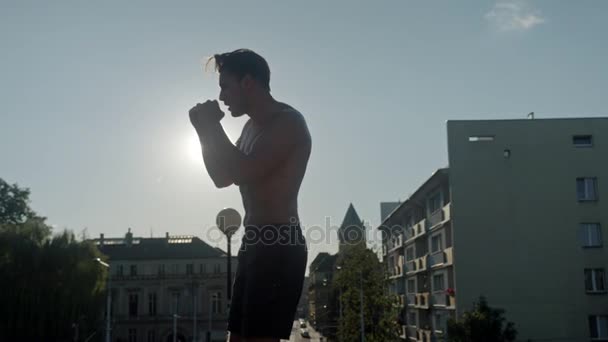 Tipo talentoso practicando boxeo en la sombra — Vídeos de Stock