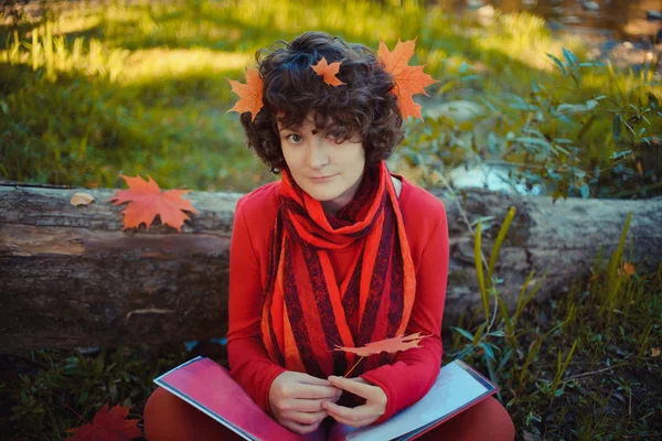 Curly Girl Autumn Forest Sitting Holding Book — Stock Photo, Image