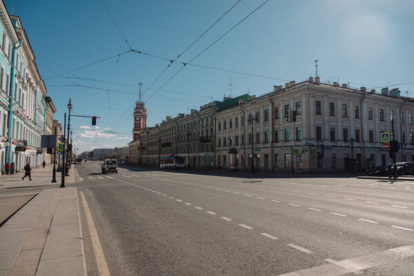 SAINT PETERSBURG, RUSSIA - 31 march 2020: Saint Petersburg during the coronavirus pandemic. Empty street.