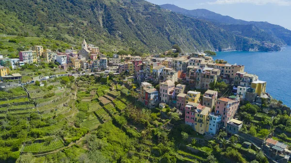 Aerial photo shooting with drone on Corniglia one of the famous Cinqueterre — Stock Photo, Image