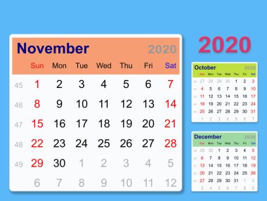 masaüstü takvimi şablonu 2020 - Kasım - Renk arkaplanı üzerinde izole edilmiş.