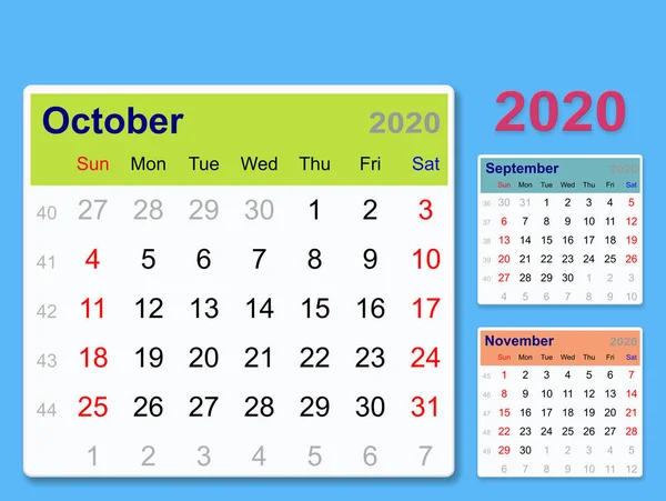 Desktop Calendar Template 2020 October Isolated Color Background Cliping Path — Stock Photo, Image