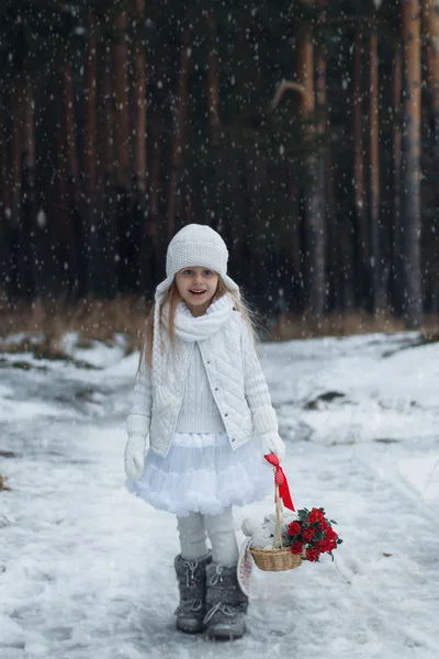 Niedliches kleines Mädchen mit Blumen in einem Korb kalten Wintertag — Stockfoto