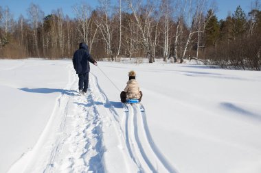 Baba taşır kızı ormanda kış soğuk günde sledging. Kızak iz kalır sonra.