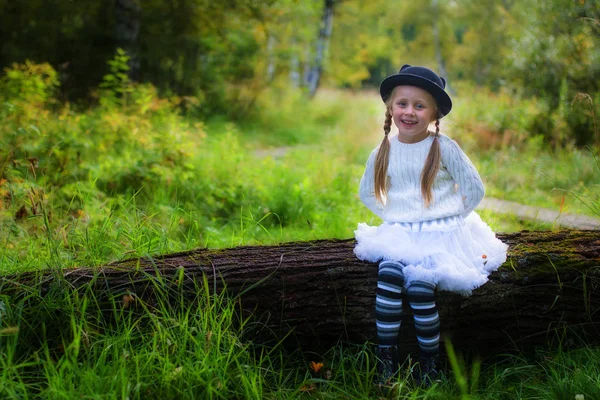Kleines Mädchen mit süßem Hut in einem Sommermärchenwald sitzt auf einem umgestürzten Baumstumpf zwischen den Bäumen — Stockfoto