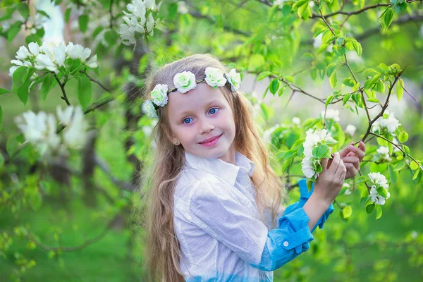 Adorable little girl in blooming apple tree garden on beautiful spring day. Cute child picking fresh apple tree flowers at sprin — Stock Photo, Image