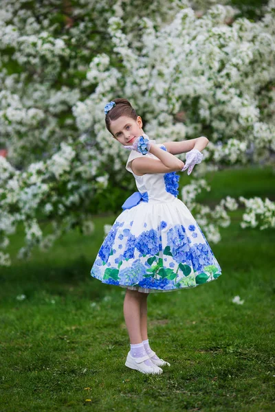 Ornate menina bonita com um penteado em um feriado contra o fundo de árvores de maçã florescentes no parque no verão — Fotografia de Stock